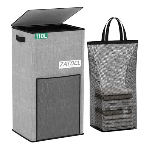 Laundry Hamper with Lid 110L, Large & Tall Laundry Basket with Removable Bag & Front Mesh Bag, Collapsible Dirty Clothes Hampers for Bedroom Aesthetic, Bathroom, Dorm, Laundry Room - Easy Carry, Grey - Image 1