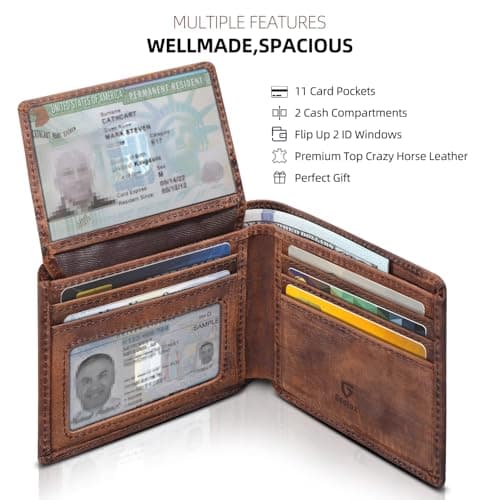 GSOIAX Top Genuine Grain Leather Premium Crazy Horse Wallet for Men-Handcrafted Vintage RFID Blocking Bifold 11 Card Slots 2 ID Windows & 2 Cash Pockets Gift Box Packaging for Him(Brown) - Thumbnail 3