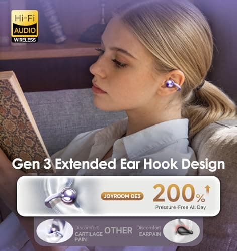King Lucky Clip-On Earbuds Gen 3, Open-Ear Wireless Bluetooth 6.0 Headphones with Mic, Secure Fit for Small Ears & Glasses Wearers, 50H Playtime, ENC, IPX5 Waterproof Sport Ear Buds (Purple) - Thumbnail 3
