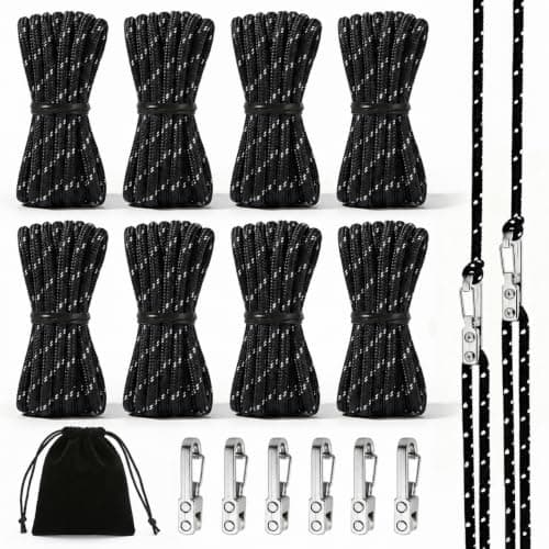 8 Pack Rope Tensioner Set with Alloy Buckles and Storage Bag, Adjustable Tie Down Ropes for Tent, Tarp, Hammock, Clothesline, Luggage & Outdoor Use (Black)