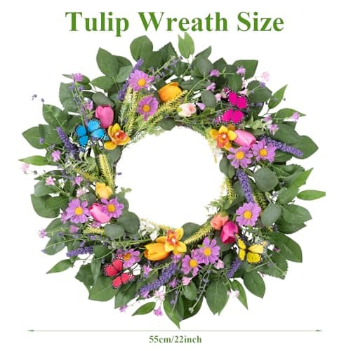 U'Artlines 22 Inch Tulip Wreath for Front Door, Spring Summer Silk Wreath with Green Leaves Colorful Butterfly Artificial Tulip Flower Wreaths for All Seasons Window Wall Wedding Valentines Day Decor - Thumbnail 5