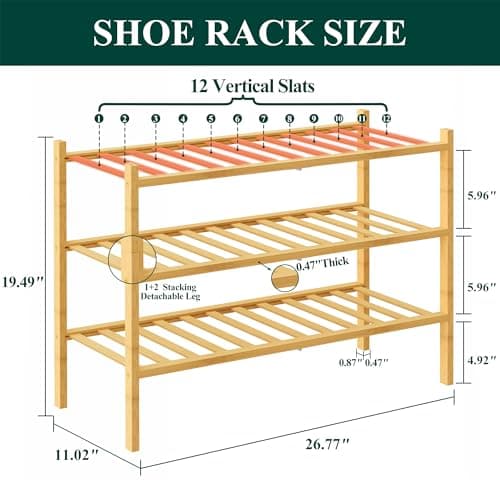 Smiry Shoe Rack, 3 Tier Bamboo Shoe Organizer, Stackable Free Standing Wooden Shoe Storage Shelf for Closet, Entryway, Front Door Entrance, Natural - Thumbnail 2