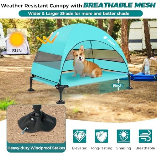 Libbipaw Windproof Elevated Dog Bed with Canopy & Stakes, 3-Sided 90% UV Block, Chew-Proof Teslin Mesh Mat for Large Dogs up to 150lbs(Blue Large) - Thumbnail 6