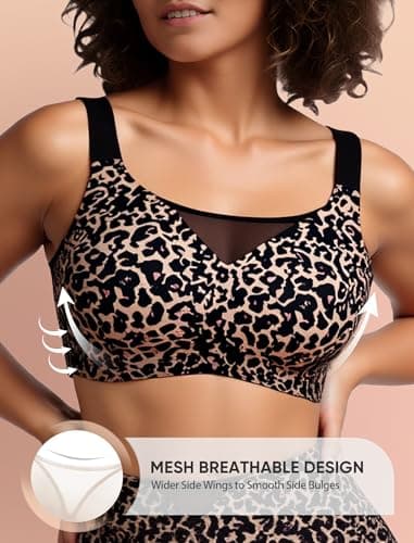 Easybunny Wireless Bras for Women Seamless Supportive V Mesh Bralette Minimizers Comfortable Tshirt Bra for Older Women Leopard 3XL - Thumbnail 2