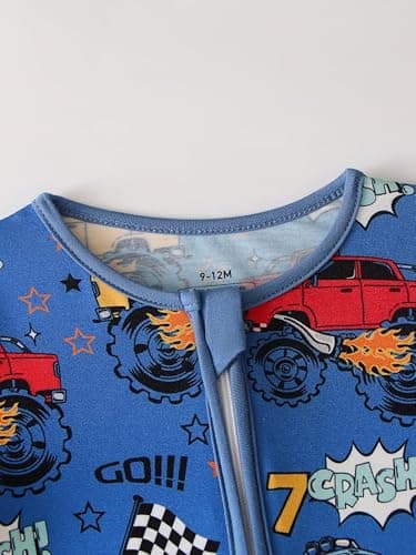 Joonberry Unisex Baby Bamboo Viscose Long Sleeve Romper, Cute Prints Zipper Footless Jumpsuit, Toddler One-Piece Outfits(Blue Racing Car, 12-18M) - Thumbnail 3