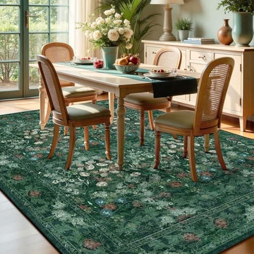 Green Boho Living Room 5x7 Area Rug, Floral Washable Vintage Distressed Rug for Dining Room Under Table, Bedroom, Nursery, Home Office - Low Pile Non Slip Art Deco Carpet, Farmhouse Accent Mat - Thumbnail 3