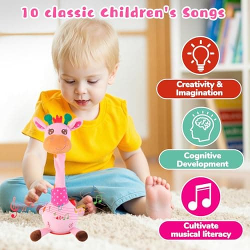 MIAODAM Dancing Giraffe Interactive Toy, Singing 10 Children's Song, Stuffed Baby Toy Repeats What You Say, Colorful Glowing Plush Toys for Toddler Easter Day Gifts for Kids(Pink Giraffe) - Thumbnail 3