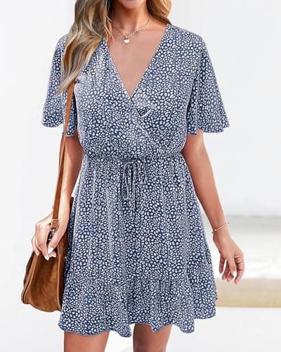 KIRUNDO Womens Summer Dresses 2026 Casual Spring Short Sleeve V Neck Ruffle Floral Print High Waist Belted Flowy Mini Dress(X-Large, Dark Blue) - Thumbnail 3