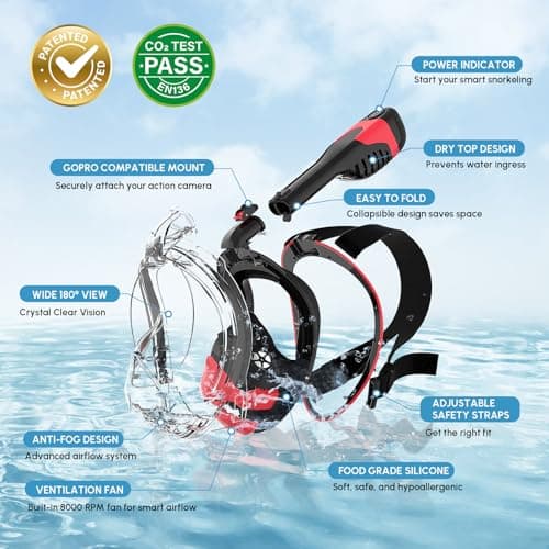 Yosmer Electric Full Face Snorkel Mask for Adults, Fan-Assisted Snorkeling Mask with Dry Top System, 180° Panoramic View, Anti-Fog Design, Foldable Travel Snorkel Gear, Red-L - Thumbnail 5