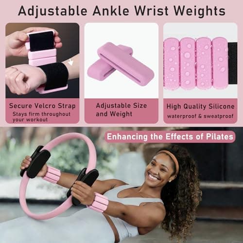 Pilates Ring Kit with Adjustable Ankle Wrist Weights, Fabric Resistance Bands, Pilates Equipment Yoga Ball for Home Workout to Tone, Sculpt and Strengthen, Fitness Magic Circle Rings for Women (Pink) - Thumbnail 3