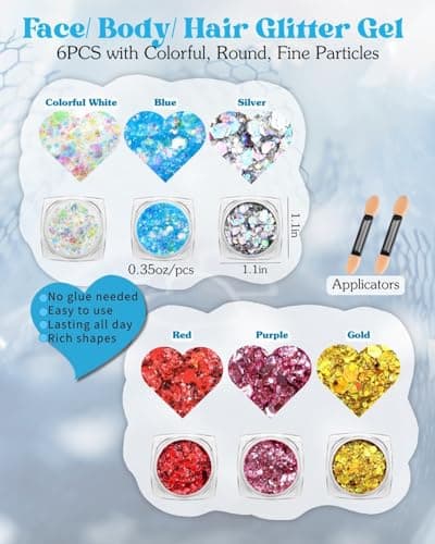 1440pcs Face Glitter Gems Set for Women: 6 Face Body Glitter Gel & 4 Self Adhesive Gem Stickers, Sparkly Rhinestone Stickers Hair Jewels Kit Girls Valentines Party Makeup Accessories (Water Droplets) - Thumbnail 2