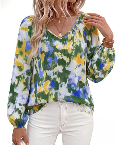 Zenlonr Women's Summer Tops Dressy Casual 2026 V Neck Satin Silk Printed Shirts Boho Long Sleeve Work Blouses(Floral Laurel Green,XX-Large) - Thumbnail 2