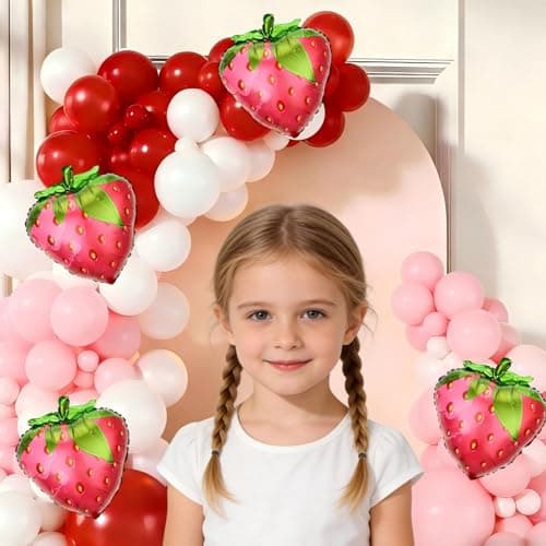 Strawberry Balloon Garland Arch Kit, 143pcs Red Pink and White Balloons with Strawberry Foil Balloons for Sweet Girl Berry First Baby Shower Birthday Party Decorations - Thumbnail 4
