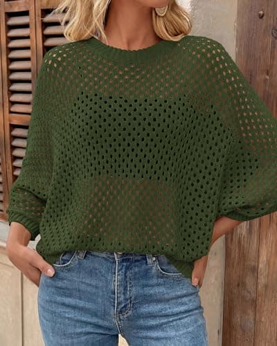 KIRUNDO Crochet Tops for Women Spring Summer Short Sleeve Hollow Out Loose Beach Sweater Lightweight Knit Cover Up Shirts Army Green - Thumbnail 5