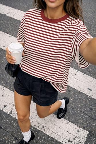 CHYRII Womens Oversized Striped T Shirts Crewneck Short Sleeve Fashion 2026 Casual Loose Fit Summer Y2K Tops (Red XL) - Thumbnail 3