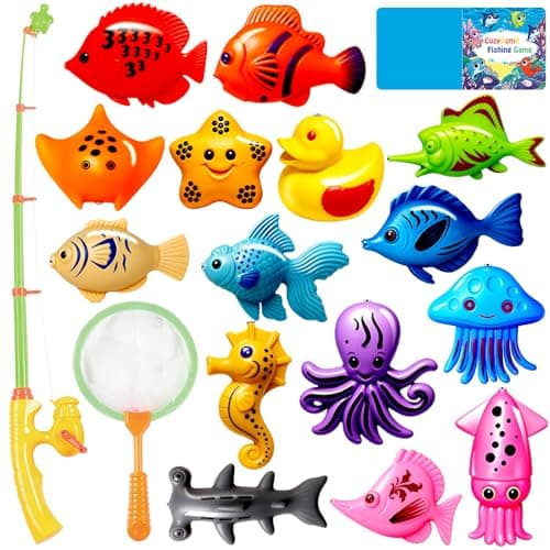 CozyBomB™ Magnetic Fishing Toys Game Set for Kids | Water Table Bathtub Kiddie Pool Party Pole Rod Net, Outdoor Plastic Floating Fish, Toddler Bath Color Ocean Sea Animals Birthday Gift Age 3-5 6 4-8