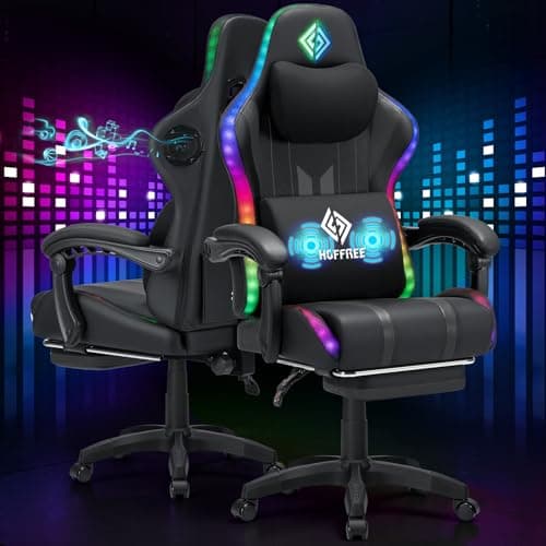 HOFFREE Gaming Chair with Music Rhythm RGB LED Lights and Bluetooth Speakers Ergonomic Massage Computer Gaming Chair with Footrest Video Game Chair High Back with Lumbar Support Grey and Black