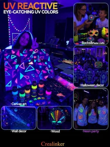 Glow in the Dark Acrylic Paint, 10 Colors 2oz/60ml Bright Neon Glow Paint, Long Lasting Black Light Fluorescent Paints for Outdoor Rocks, Canvas, Wood, DIY Craft, Glass, Night Party Decor. - Thumbnail 5