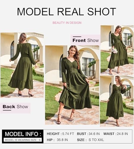 Dokotoo Women's Fall Dress Long Sleeve V Neck Tiered A Line Maxi Dress 2026 Ruffle Elegant Flowy Spring Cocktail Party Dresses Sundresses for Wedding Guest Green XX-Large - Thumbnail 4