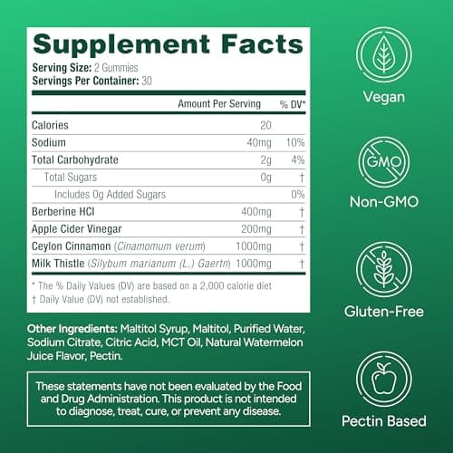 GLP-1 Support Supplement, Sugar-Free Berberine Complex Gummies with Ceylon Cinnamon, Milk Thistle, and ACV [AMPK Metabolic Activator] Berberine Supplement for Weight Loss & Appetite Support - Thumbnail 6