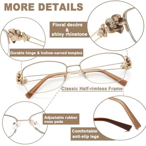 TOVEEN Photochromic Progressive Multifocal Reading Glasses for Women, Stylish Metal Half Frame Blue Light Blocking Sunglasses 1 Pack Gold +1.5 - Thumbnail 5