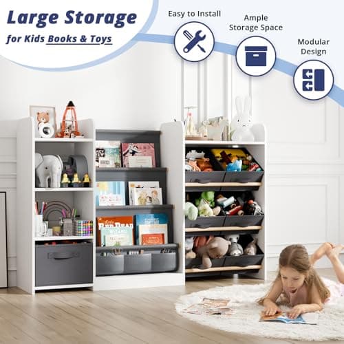 IKALIFE Kids Toy Book Storage Organizer - Large Bookshelf with 7 Removable Bins, Baby Bookshelf and Toy Storage, 4-Tier Book Shelf for Kids Room, Playroom, Classroom, 51 inch, White - Thumbnail 5