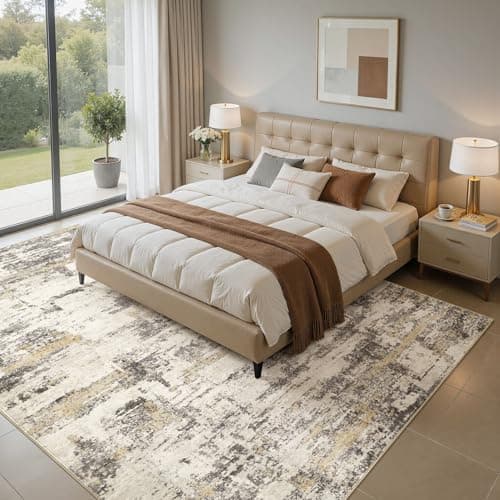Area Rugs for Living Room: 5x7 Abstract Washable Rug Modern Neutral Large Soft Stain Resistant Non-Slip Backing Machine Table for Bedroom Dining Room Indoor Home Office Carpet - Gold Brown - Thumbnail 5