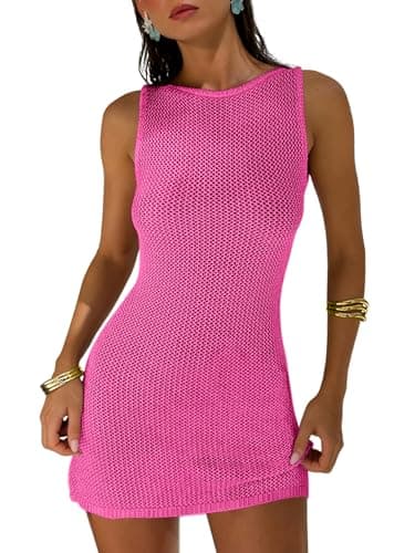 ANRABESS Women Swimsuits Cover Up Slim Crochet Swimwear Summer Tank Little Dress Bathing Suit Vacation Beach Clothes Outfits Hot Pink Medium - Image 1