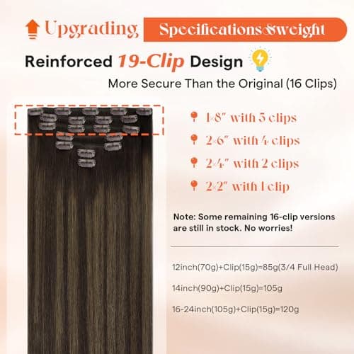 Sunny Hair Clip in Hair Extensions Real Human Hair 20 Inch 120g Remy Hair Clip in Extensions for Women Human Hair Extensions Dark Brown Balayage Light Brown - Thumbnail 2