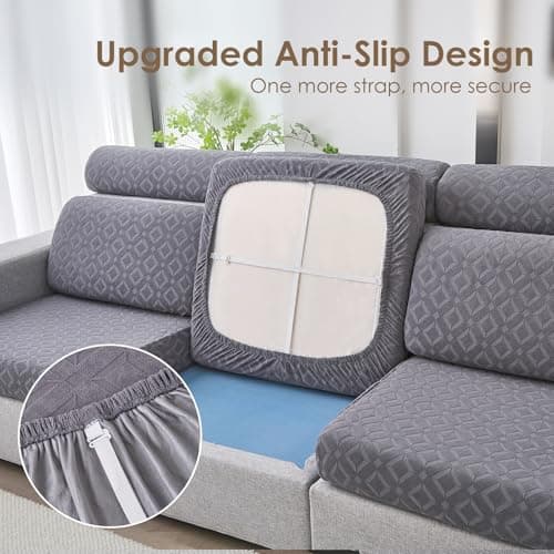 Couch Cushion Covers Waterproof, Stretch Sectional Couch Covers, Sofa Cushion Covers Washable, Non Slip Magic Sofa Covers, with Elastic Bottom and 2 Straps, Pet-Friendly (Large Single Seat Cover) - Thumbnail 4