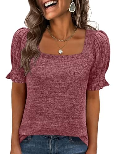 ANRABESS Womens Tops Summer Sweaters Dressy Casual Work Blouses Square Neck Ruffle Short Sleeve Tee Shirts 2026 Fashion Tunic Rust X-Large