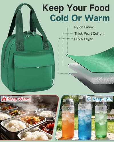 HowFly Lunch Box for Women Men Insulated Lunch Bag Cute Resuable Leakproof Lunch Box Portable Thermal Meal Cooler Bags for Work Picnic Travel Office Green - Thumbnail 2