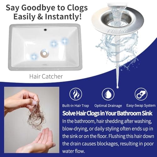 FULNG Bathroom Sink Drain Hair Catcher, No-Touch Cleaning with 20 Replaceable Nets, Stainless Steel Strainer, Fits 1.4"-1.8" Standard Drains, Easy Install, Anti-Clog - Thumbnail 6