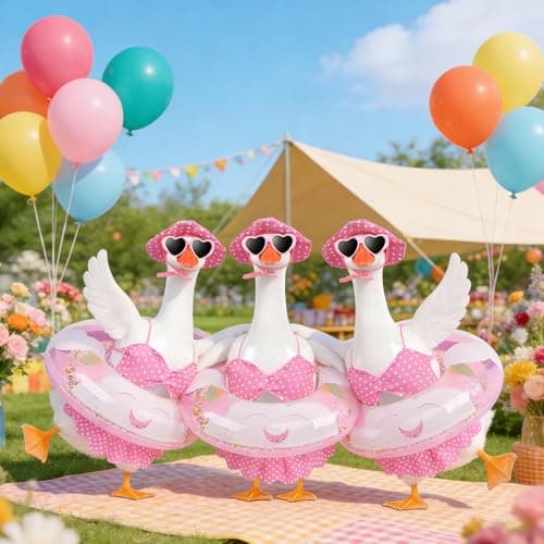 yuboo Summer Porch Goose Outfit Bikini Goose Outfits, Pink Easter Geese Outfits Clothes Costume with Sunglasses Swim Ring for 23in Summer Spring Porch Goose Outdoor Statues - Thumbnail 5
