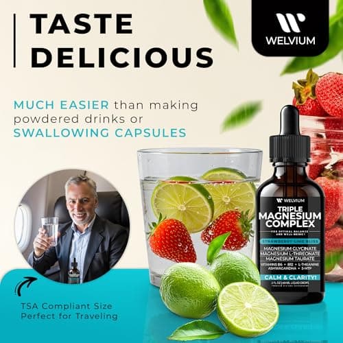 WELVIUM Triple Magnesium Complex Liquid Drops - Magnesium Glycinate Supplement with L-Threonate, Taurate - Ashwagandha, L-Theanine, 5-HTP, Vitamins B6, B12, Bromelain, Inositol for Mineral Balance - Thumbnail 5