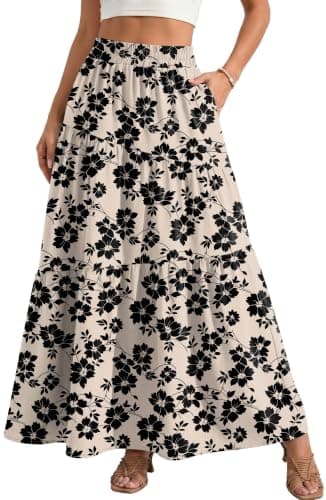 GRECERELLE Womens Maxi Skirt Casual Summer Tiered A-Line Flowy Elastic High Waist Long Skirts with Pockets for Beach Vacation, Khaki Black Flower, L - Image 1