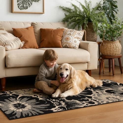 Findosom Hallway Runner Rug 2x8, Non Slip High-Low Textured Floral Washable Runner Rug with Rubber Backing, Boho Carpet Runner for Kitchen, Entryway, Bedroom, Laundry, Black & Beige - Thumbnail 3