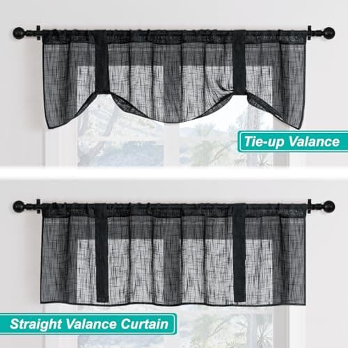 Home Queen Adjustable Burlap Tie Up Valances, Semi Sheer Faux Linen Balloon Valences for Office and Living Room, Set of 2, W 54" X L 20", Black - Thumbnail 2