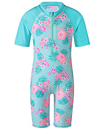 TFJH E Girls Swimsuit Rashguard Suit UPF 50+ UV One Piece,Cyan Short 2A - Image 1