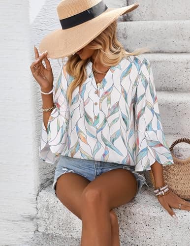 LOOKBOHO Womens Tops 3/4 Sleeve Dressy Casual Peplum Leaf Print Boho Blouses Ruffle Sleeve Button V-Neck Shirts White&Green S - Thumbnail 2