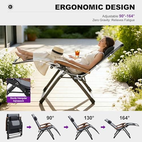 PURPLE LEAF Extra Wide Outdoor Reclining Chair Patio Zero Gravity Chaise Lounge Folding Chair with Quilted Cushion Adjustable Headrest for Lawn Camping Beach Pool Black and Grey - Thumbnail 4