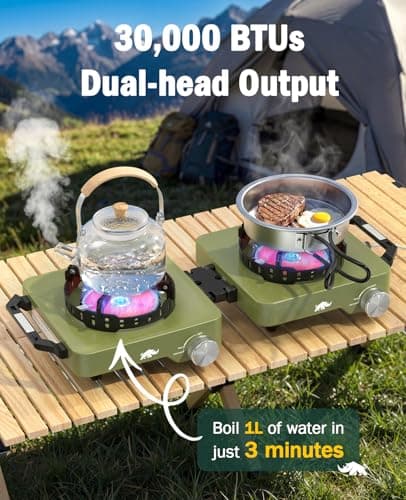 2 Propane Burners Camping Stove, 30,000 BTU Folding Camp Stove with Windproof Grates and Frying Pan, Portable Camping Stoves with Carrying Bag, Camping Essentials for Tailgating/Grilling/Coffee, Green - Thumbnail 2