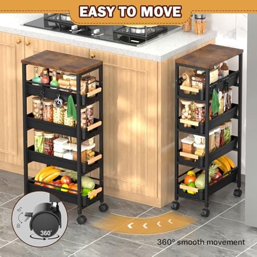 SUNALLY Slim Storage Cart with Pull-Out Baskets, 5-Tier Rolling Kitchen Cart with Wooden Top & Lockable Wheels, Narrow Space Utility Cart Organizer for Kitchen, Bathroom, Laundry Room, Black - Thumbnail 4