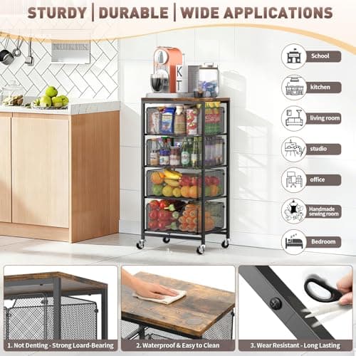 SUNALLY Rolling Kitchen Cart with Drawers, 4-Tier Utility Cart Fruit Vegetable Storage Cart with Lockable Wheels, Wooden Top Metal Kitchen Storage Organizer for Cans, Snacks, Beauty, Craft, Art, Black - Thumbnail 2