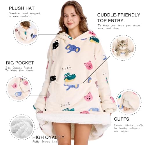Aemilas Wearable Blanket Hoodie Gifts for Women and Men, Comfy Sherpa Hoodies Blankets Sweatshirt for Adult Teens Girls & Boys with Big Pocket, Cartoon Animal Print - Thumbnail 3