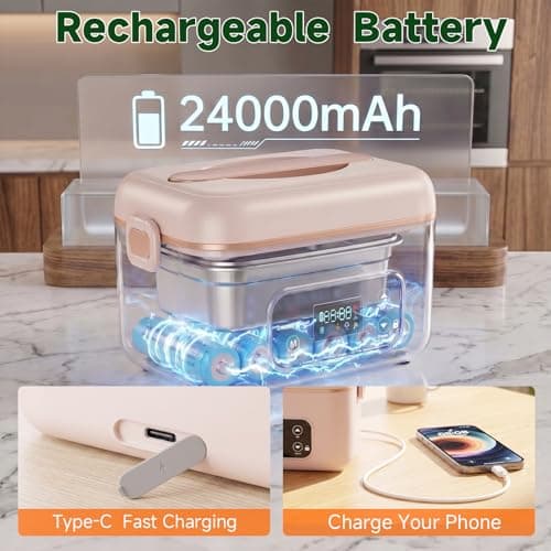 LIFEGETTER Cordless Electric Lunch Box, 24000mAh Rechargeable Food Warmer with 5-Sided Heating, 1.3L Portable Self Heating Lunch Box with Smart Timer & Lock Screen for Work, Car, Truck, Camping - Thumbnail 2