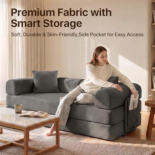POWERFUEL 5-in-1Convertible Sofa Bed, 79" Compressed Sofa,Corduroy Boneless Couch with Pillow, Comfy Modular Foldable Floor Sleeper Sofa for Bedroom, Living Room, Lounge, Studio,1200 lbs Capacity - Thumbnail 3