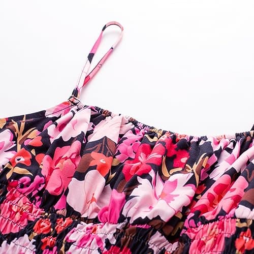 GRACE KARIN Summer Dresses for Women 2026 Vacation,Smocked Floral Maxi Dresses,Boho Beach Long Sundress Purple Black Floral M - Thumbnail 5