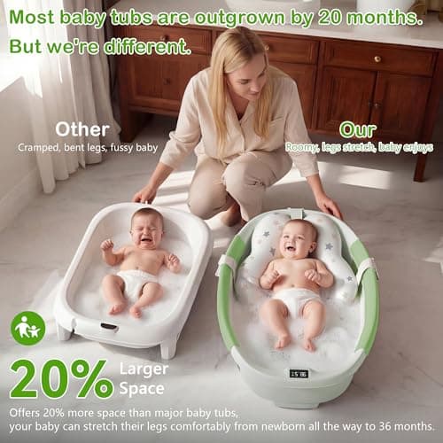 Collapsible Baby Bathtub - Large Baby Bath Tub with Thermometer | Bath Essential Bañera para Bebe Easy Fold Baby Tub | Travel Infant Newborn Toddler Bathtub for Baby Girl Boy 0 to 36 Months(Green) - Thumbnail 3