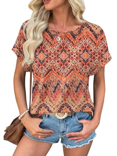 ATHMILE Boho Tops for Women Casual Crew Neck Womens Blouses Short Sleeve Summer Shirts Blouses Vacation Outfits 2025 - Image 1